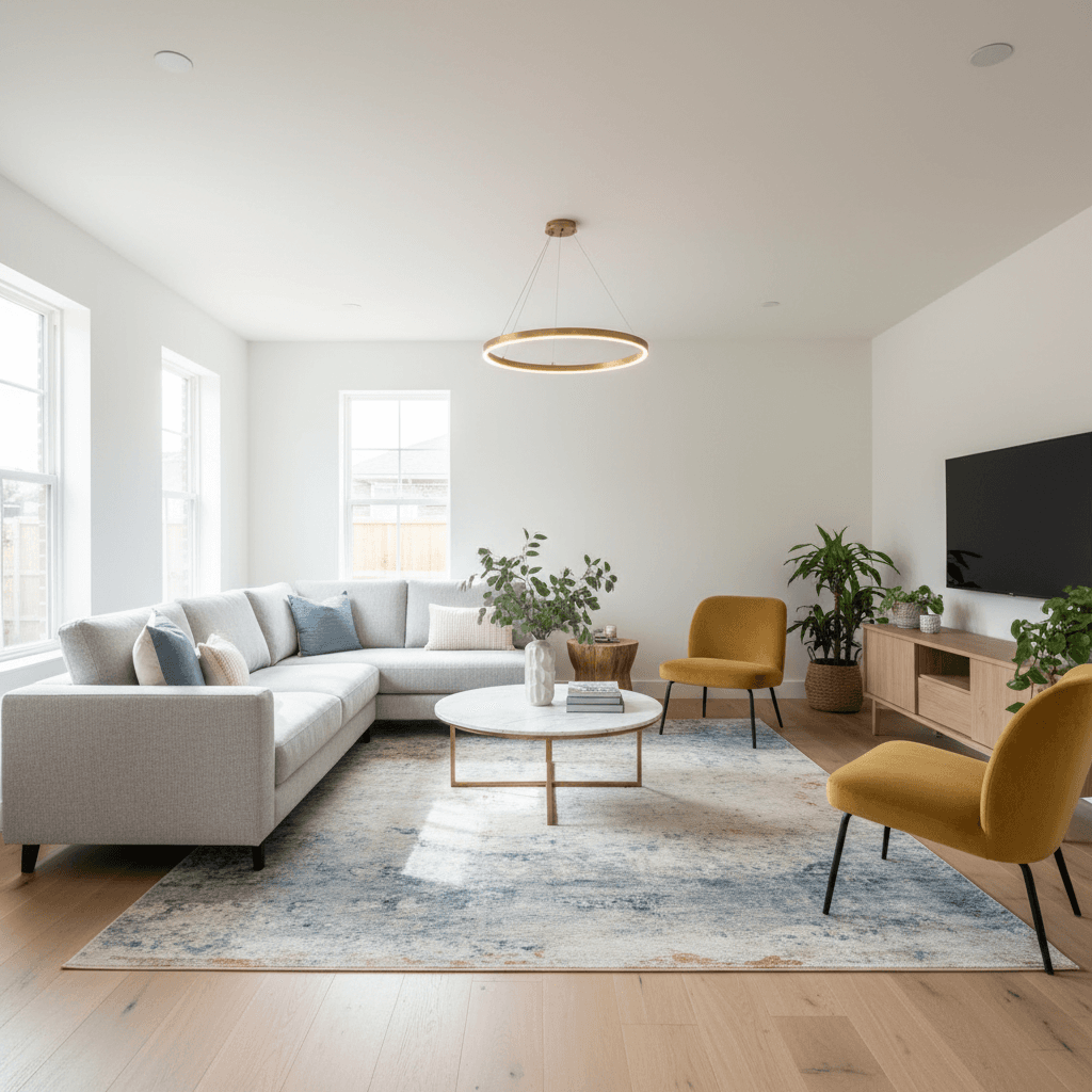 Fertig saniertes Wohnzimmer mit neuen Bodenbelägen und moderner Einrichtung