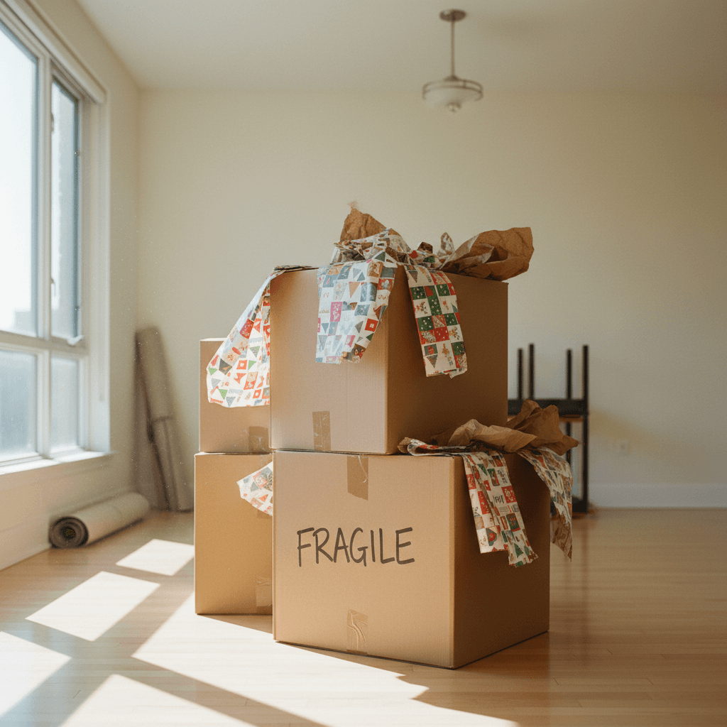 Umzugskartons mit Packpapier und Klebeband in einer hellen Wohnung