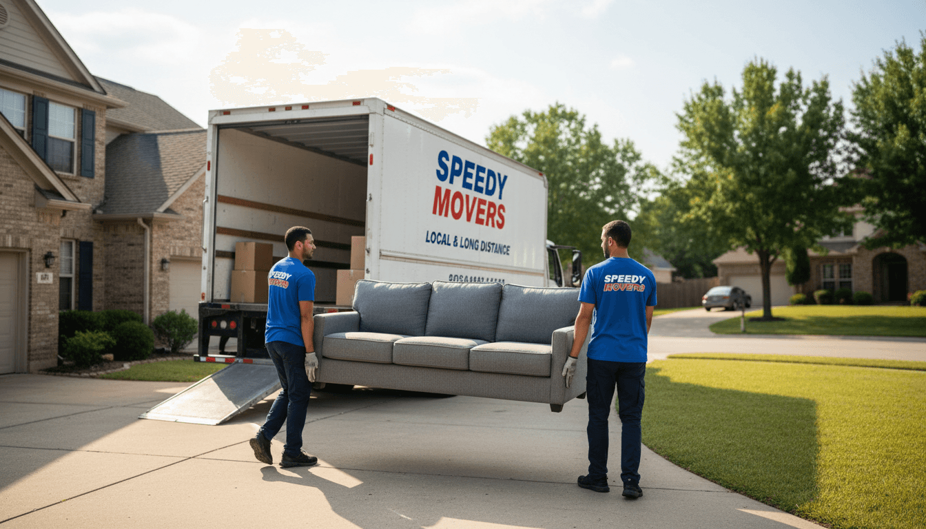 Umzugswagen und Umzugshelfer beim Tragen eines Sofas beim Möbeltransport