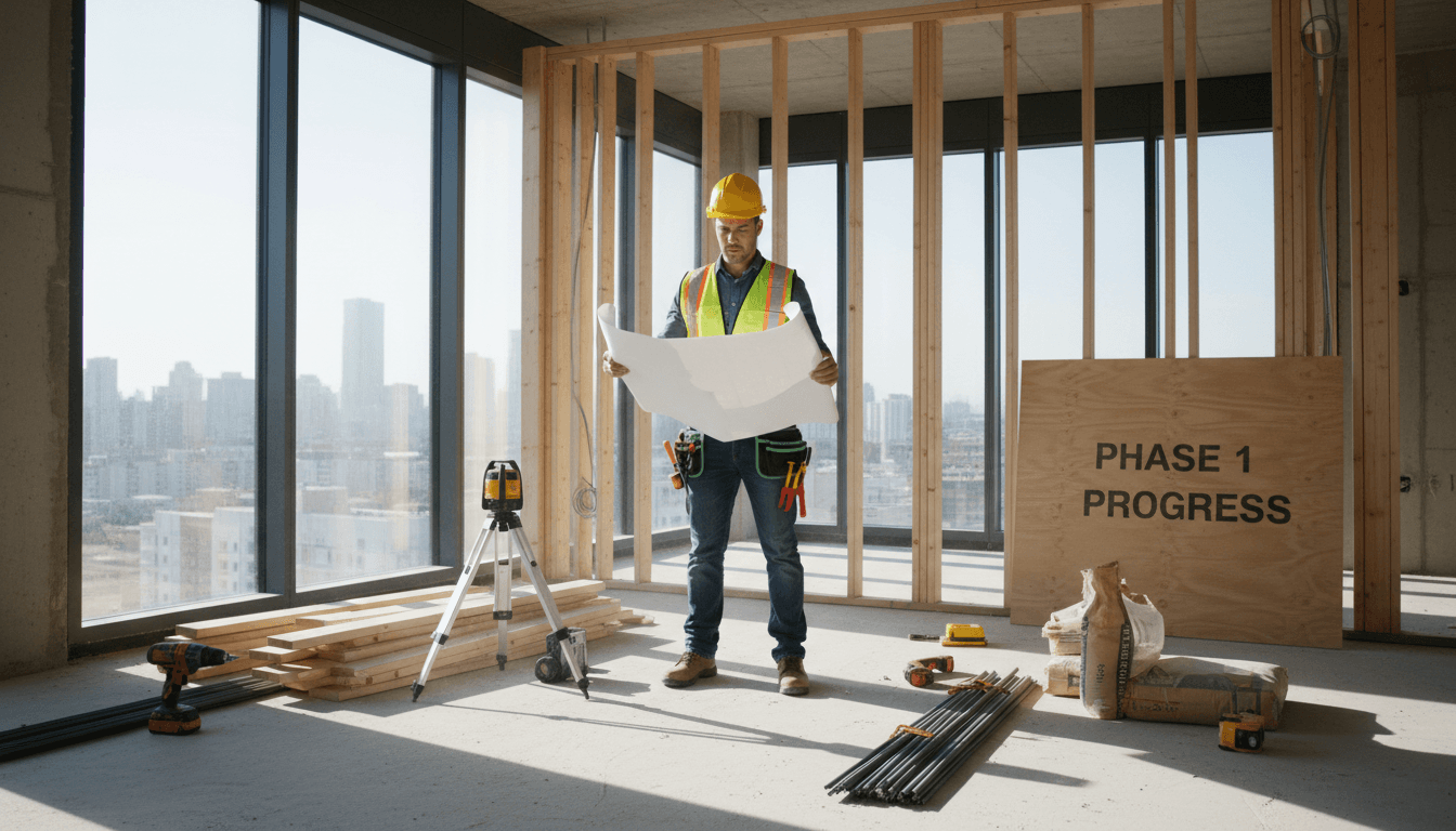 facharbeiter prüft baupläne auf der baustelle in einem modernen wohngebäude