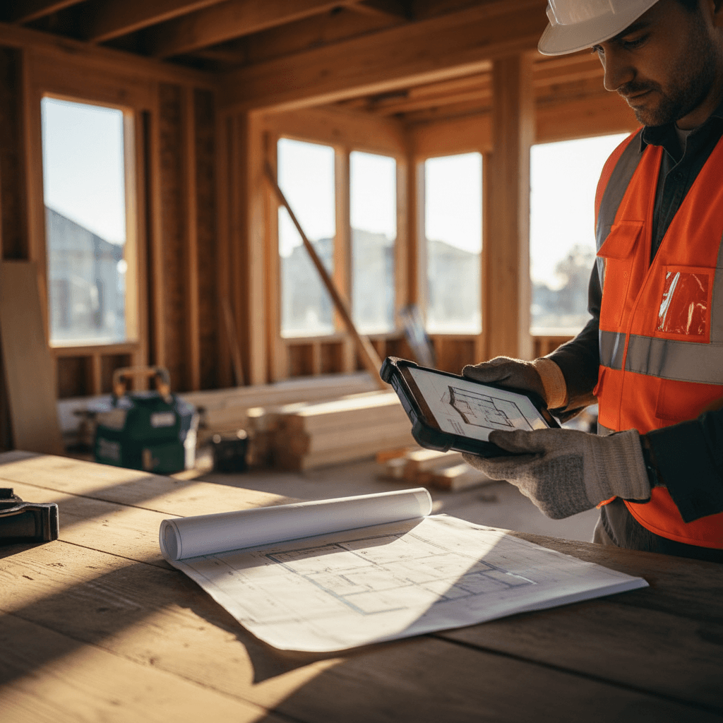 Handwerker auf einer renovierten Baustelle mit Telefon und Klemmbrett